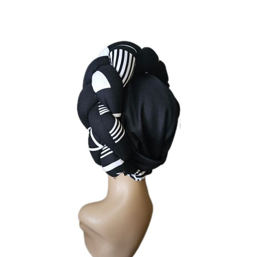 African Print Braided Headwrap - Black and White