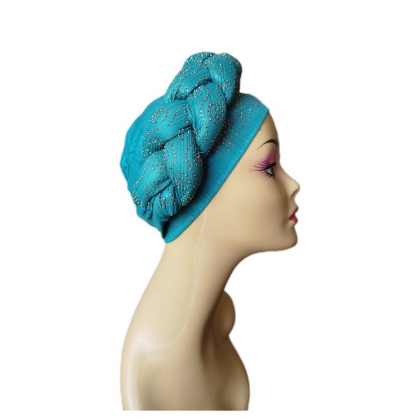 Ready To Wear Stretchy Shimmering Headwrap/Doek/Chemo Cap - Cyan Blue