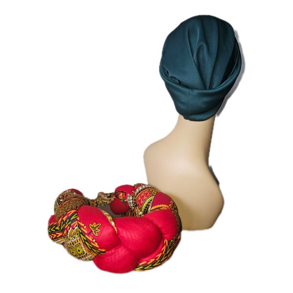 Maroon and Green Braided 2 Piece Headwrap/Turban/Doek - One Size Fits All - African Print