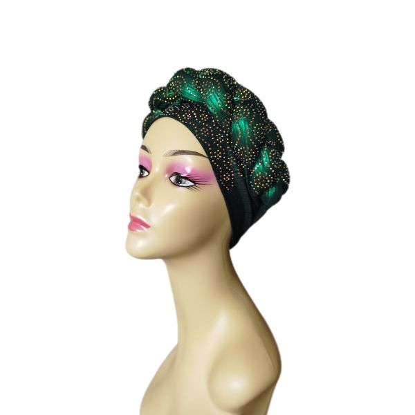 Ready To Wear Stretchy Shimmering Headwrap/Doek/Chemo Cap - Dark Green