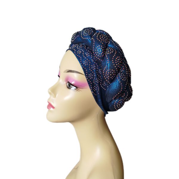Ready To Wear Stretchy Shimmering Headwrap/Doek/Chemo Cap - Navy Blue